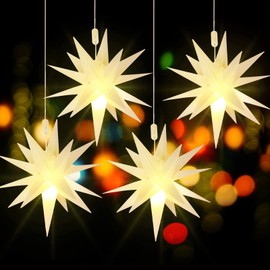 Kingdder 4 Pieces Moravian Star Light LED 3D Star Hanging Light Powered by Battery with Timer Function White Porch Lantern Holiday Decor for Indoor Outdoor Christmas Tree Balcony Courtyard (12 Inch)