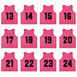 RE-HUO Set of 12 Numbered (13-24) Soccer Vests/Sport Pinnies/Training Bibs with Free Carry Bag(Pink13-24,XL)