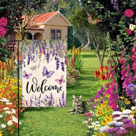 Baccessor Spring Summer Flower Garden Flag Lavender Butterfly Floral Welcome Small Yard Burlap Double Sided Vertical Seasonal Farmhouse Wedding Yard Outdoor Decoration 12.5x18 Inch