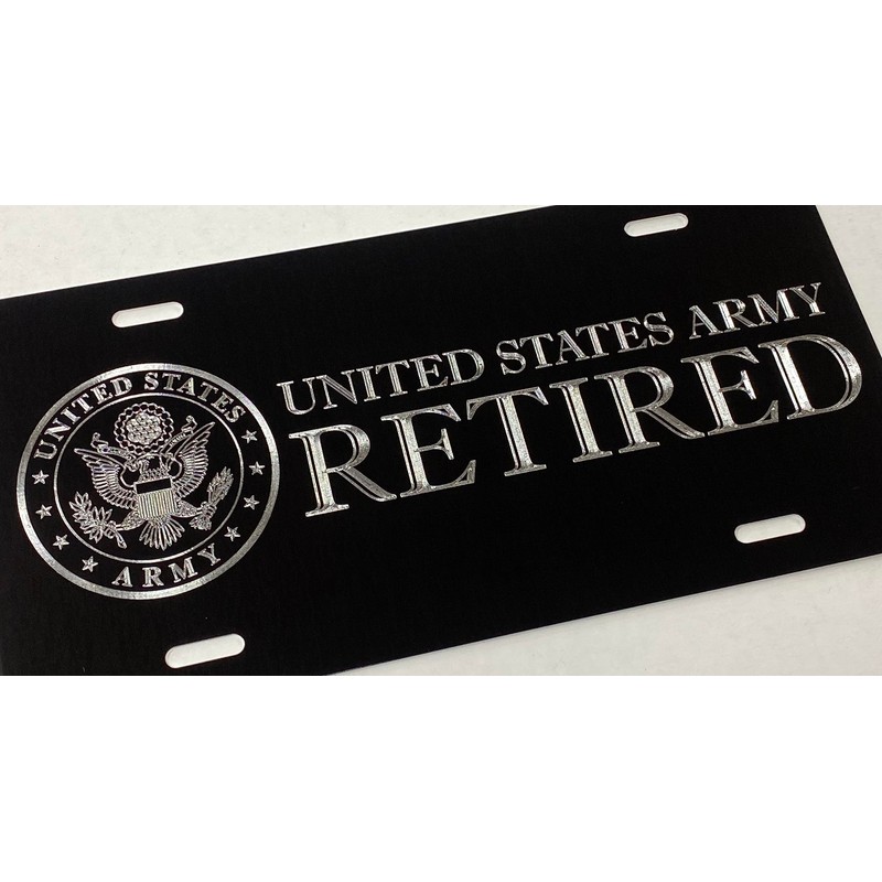 Engraved US Army Retired Car Tag Silver Diamond Etched on