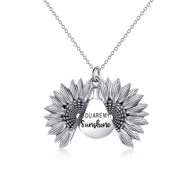 VONALA Sunflower Necklace for Women You Are My Sunshine Engraved Locket 925 Sterling Silver Necklace, Sterling Silver
