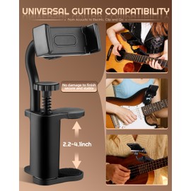 360° Rotatable Guitar Phone Holder, Adjustable Mount for Acoustic/Ukulele/Bass, Universal Clip with Silicone Pads, Fits 2.36-4.13" Headstocks, Hands-Free for Sheet Music, Recording & Live Streaming