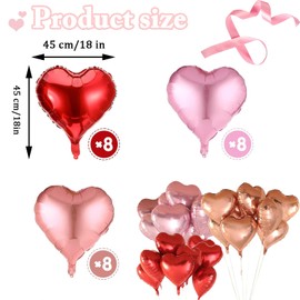 Pack of 24 Heart Foil Balloons, 18 Inches, Red/Pink/Rose Gold, Heart Foil Balloons, Balloons Set for Birthday Decoration, Valentine's Day, Party, Birthday, Engagement, Mother's Day, Valentine's Day,