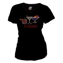 Fashion2ne1 5 o'clock & Drinks Cocktails Bling Rhinestones T-Shirt Short Sl (X-Large) Black