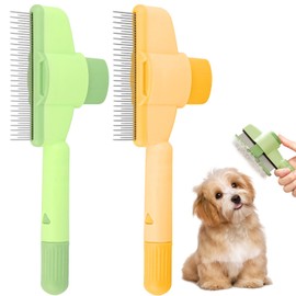 2PCS Pet Combs for Cats, Non-slip Cat Comb Pet Stainless Steel Metal Teeth Grooming Comb One Click to Clean Self Cleaning Flea Brush for Dogs and Cats Massage Shedding and Tangles