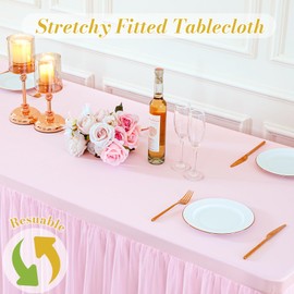 4 Pack Pink Table Cloth for 6 Foot Rectangle Tables, Pink Tulle Table Skirt Stretch Fitted Table Covers, Rectangular Tablecloth Ruffle Tutu Table Cloths Wedding Banquet Party Tablecloths Table Decor