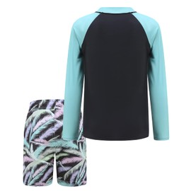 Aisyee Boys Two Piece Rash Guard Swimsuits Kids Long Sleeve Bathing Suit with Swim Trunk Swimwear Set Black Palm Trees Size 12/10-12 Years