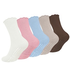 Darller 5 Pairs Pilates Socks with Grips for Women, Non Slip Ruffle Yoga Socks for Barre Workout Hospital, Colorful 5 Pairs