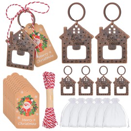 24Pcs Christmas House Beer Bottle Opener Keychain Bulk Christmas Party Favors Retro Santa Claus House Keyring Ornament with Cards and Ropes, for Xmas Tree Decorations Theme Festive Coworkers Gift