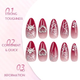24PCS Medium Almond Press On Nails – Red Gradient False Nails with 3D Spider & Heart Charms – Long-Lasting & Comfortable Acrylic with Glue For Party, Wedding Daily Wear