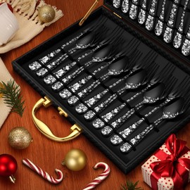 Stapava 30 Pcs Black Silverware Set with Gift Box, Stainless Steel Flatware Set for 6, Mirror Cutlery Include Forks Spoons and Knives Set, Dishwasher Safe Utensils for Home Restaurant Hotel