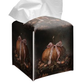 Grace Yonks Fall Thanksgiving Tissue Box Cover Square, Pumpkin Pink Bow Cube Case for Facial Tissues, 5.2" PU Leather(046)
