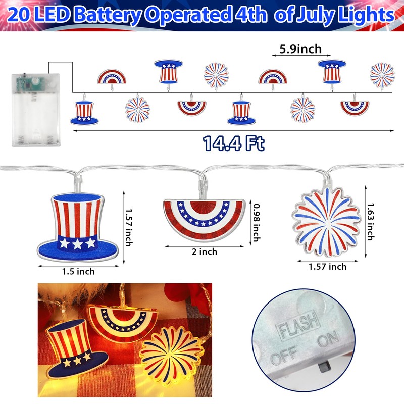 4th of July Decorations String Lights, 10Ft 20 LED American
