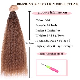 Xtrend Honey Brown Pre Looped Micro Brazilian Kinky Curly Crochet Hair 24 Inch 8 Packs Micro Curly Braiding Hair Extensions Synthetic Deep Wave For Mini Senegalese Twist Hair (30 Strands/Pack, 30#)