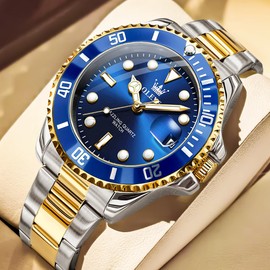 OLEVS Men Watch Gold Blue Watches for Men Waterproof Date Analog Quartz Luxury Casual Fashion Men's Wrist Watches Pro Diver Two Tone Men‘s Watch Dress Big Face Relojes para Hombres