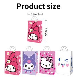 12 Pcs Cute Party Favor Bags, 4 Patterns Double Sided Printed Candy Goodie Treat Bags with Handle, Cartoon Pink Birthday Party Supplies for Kids