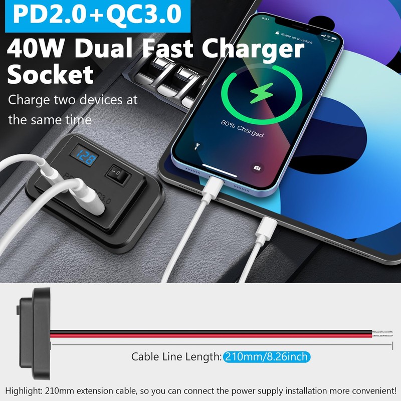RV USB Outlet 12 Volt USB Car Charger with Voltmeter