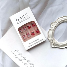 Valentine's Day Press on Nails Medium Square Fake Nails Cute Bear Love Heart Designs Acrylic Nails Full Cover Red Glue on Nails Glossy Reusable Natural Stick on Nails for for Women DIY Manicure