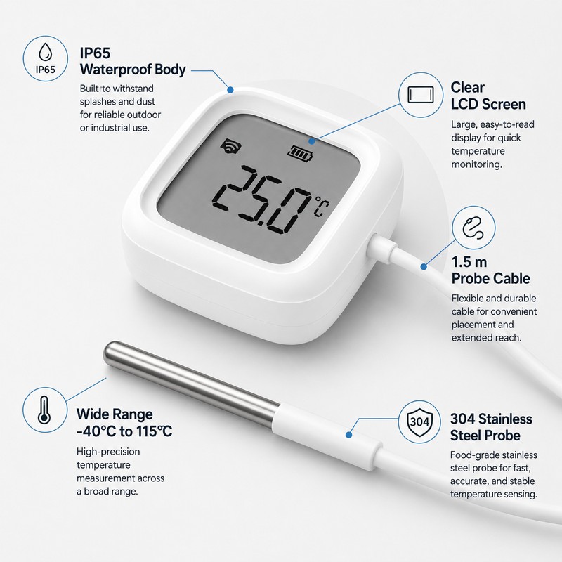 Zigbee Smart Thermometer with Probe – IP65 LCD Temperature Monitor