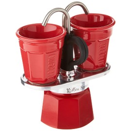 Bialetti - Mini Express Color: Moka Set includes Coffee Maker 2-Cup (2.8 Oz) + 2 shot glasses, Red, Aluminium