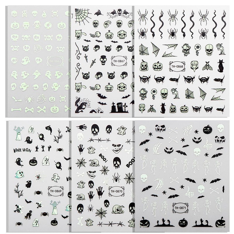 Unikato Halloween Nail Stickers, Nail Parts, 6 Sheets, Fluorescent Stickers,