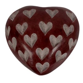 DARK RED LOVE HEART Shaped Stone Sentiment Pebble/Worry Stone - hand-carved with White Love Hearts - 5cm