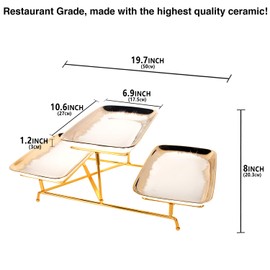 jinsongdafa 3-Tiered Serving Rack with Ceramic Tray, Foldable Gold Stand with 3-PCS 10.6 Inch Gold Rim Plates, for Food Display, Fruit, Dessert，Decoration for Parties Entertaining