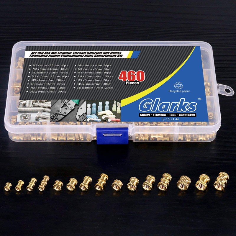 Glarks 460Pcs M2 M3 M4 M5 Female Thread Knurled Brass