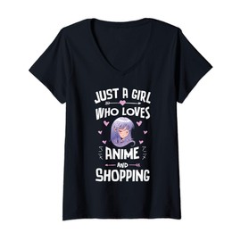 Womens Just A Girl Who Loves Anime And Shopping Gift Women V-Neck T-Shirt