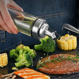 BangBoom7 OZ Glass Olive Oil Dispenser, Mini Vinegar Bottles for Kitchen, Short Liquid Cooking Cruet with Leak Proof Cap, Pour Spout, Scale Mark, Wide Caliber For Easy Clean(200ml Oil)