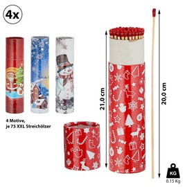Cepewa Fireplace Matches Set of 4 | L 20 cm 4 Pack Designs of 75 Pieces | Matchbox Wooden Design | XXL Matchsticks (4 x 75 Pieces Christmas Design)