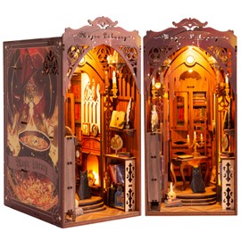 DIY Book Nook Kit 3D Wooden Puzzle Shelf Insert with Motion Sensor LED Light- Miniature Dollhouse Bookend Decor for Adults and Teens - Creative DIY Gift Box