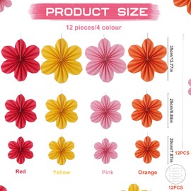 12 PCS Hanging Paper Fans Flower,Paper Decorations Hanging,Paper Flowers Decorations with Lanyard Pin,Paper Fans 20/25/35 cm for Party, Wedding, Festival Decoration (Red, Yellow, Pink, Orange)