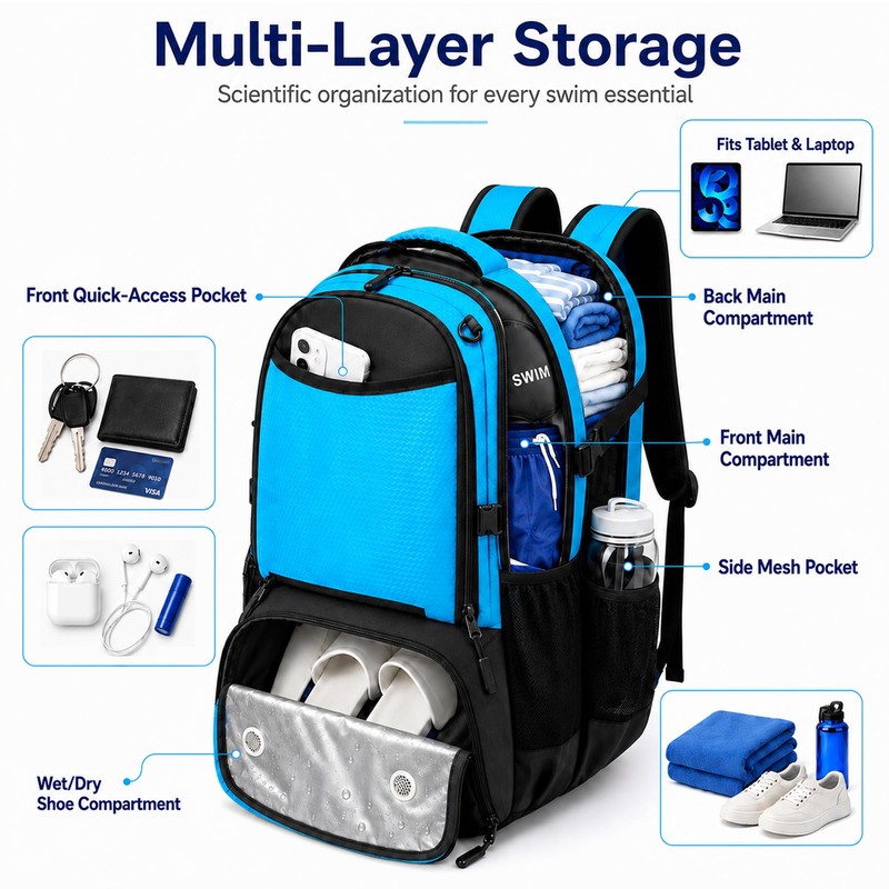 MIKIPLUM 35L Swim Backpack for Swimmers with Shoe Compartment