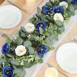 UXORSN 4PCS 24FT Artificial Eucalyptus Flower Garland with Blue White Roses Fake Plants Silk Floral Greenery Garland Faux Gypsophila Ivy Vines for Wedding Decoration Home Party Table Runner Decor