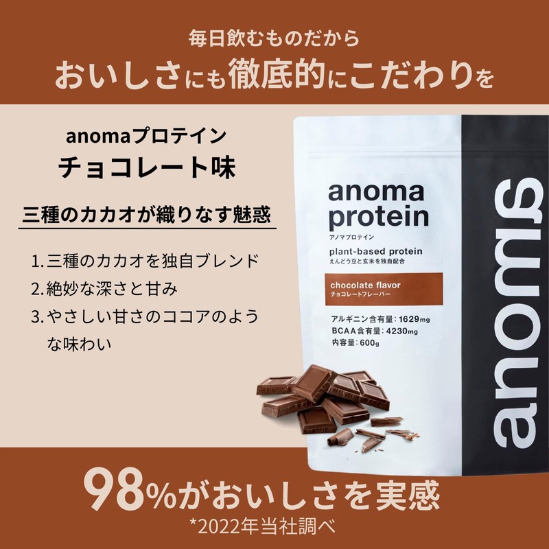 anomaプロテイン チョコレート 600g 人工甘料不使用 えんどう豆使用 ピープロテイン BCAA アルギニン 高級
