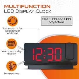 Caliber Digital Projection Alarm Clock - LED Clock with Rotating Display, Dimmable Display & Temperature Display - Loud Alarm, Night Mode & Snooze Function - Perfect for Bedroom & Office