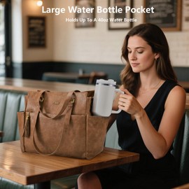LOVEVOOK Laptop Tote Bag for Women 15.6 Inch Vintage Leather Work Laptop Bag with Large Water Bottle Pockets, Waterproof Computer Briefcase Teacher Bag for Casual Office Travel