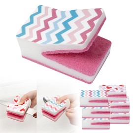 LAZYSEAL Double Sided Kitchen Sponges for Dishes, Unique Slit Scrubber for Knives & Cutlery, Heavy Duty Scouring Pad & Soft Sponge, Non-Scratch, Cute Heart Pattern, 6 Pack