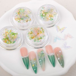 QIMYAR 4 Boxes 3D Butterfly Nail Glitter Charms Mixed Shaped Nail Gems Nail Rhinestones Pearl Gold Nail Art Studs Caviar Beads AB Nail Crystals for DIY Nail Art Decoration