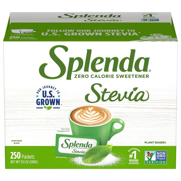 SPLENDA Stevia Zero Calorie Sweetener, Plant Based Sugar Substitute Granulated Powder, Single Serve Packets with Tray, 250 Count (Pack of 1)