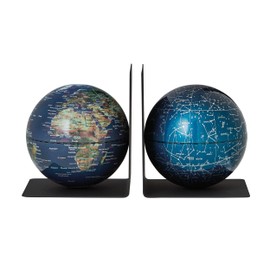 TROIKA Bookends Metal Bookends Diameter 13 cm Magnetically Balanced Globes Teal Topographic Map & Star System Together 1.2 kg in Pretty Box Ideal as a Gift