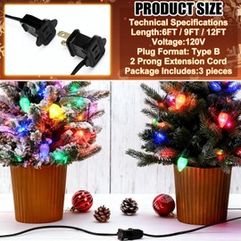 Kanayu 3 Pcs Ul Listed Extension Cord Indoor 6 ft 9 ft 12ft Heavy Duty 2 Prong Extension Cord 120 Volts Outlet Electric Extender Wire for Outdoor Christmas String Lights Connect Extend(Black)