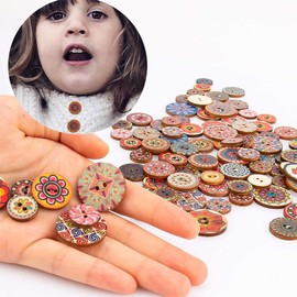 PLABBDPL Pack of 100 Colourful Buttons Retro Resin Wooden Buttons Mixed Round Doll Buttons Sewing Buttons Flower Painting Geometric Pattern Children's Buttons with 2 Holes for Sewing DIY Crafts