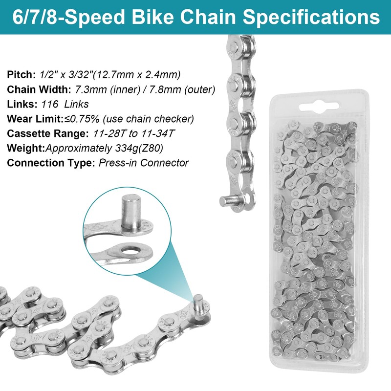 Bicycle Chains, 1/2 x 3/32 Inch 116 Links, 6/7/8 Speed