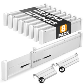 HiYZ Expandable Drawer Dividers with Inserts - Adjustable Drawer Organizers Separators for Kitchen, Bedroom, Dresser, Office, 8 Long Dividers(12.6-22.8 IN) with 16 Inserts(3.9-7.1 IN) - Gray