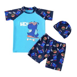 FedMois Toddlers Boys 3-Piece Swimming Suit Set Swimming Shirt Swimming Shorts Bath Hat, dinosaur skateboard