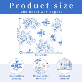 200pcs Floral Food Wax Paper, 8.27x9.84in Greaseproof Chinoiserie Flowers and Birds Food Wrapping Paper Sheets Basket Liners for Outdoor Picnic Party or Kitchen Supplies (Blue)