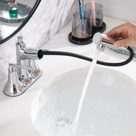 RAINREVIVE Bathroom Faucet with Pull Out Sprayer, 4 Inch Centerset 3 Hole Faucet, 2 Handle Pull Out Faucet for Bathroom Sink, with Pop Up Drain and Supply Hoses, Chrome