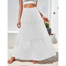 Hotouch Skirt Women's Long High Waist Skirts Elegant Maxi Skirt A-line Layering Drawstring Midi Casual Skirt Plain Skirt with Pockets, White, M